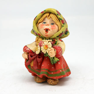One-of-a-Kind Little Girl with a Flowers - Handmade Clay Figurine - Unique Gift- Folk Art Collectibles Handcrafted Treasures