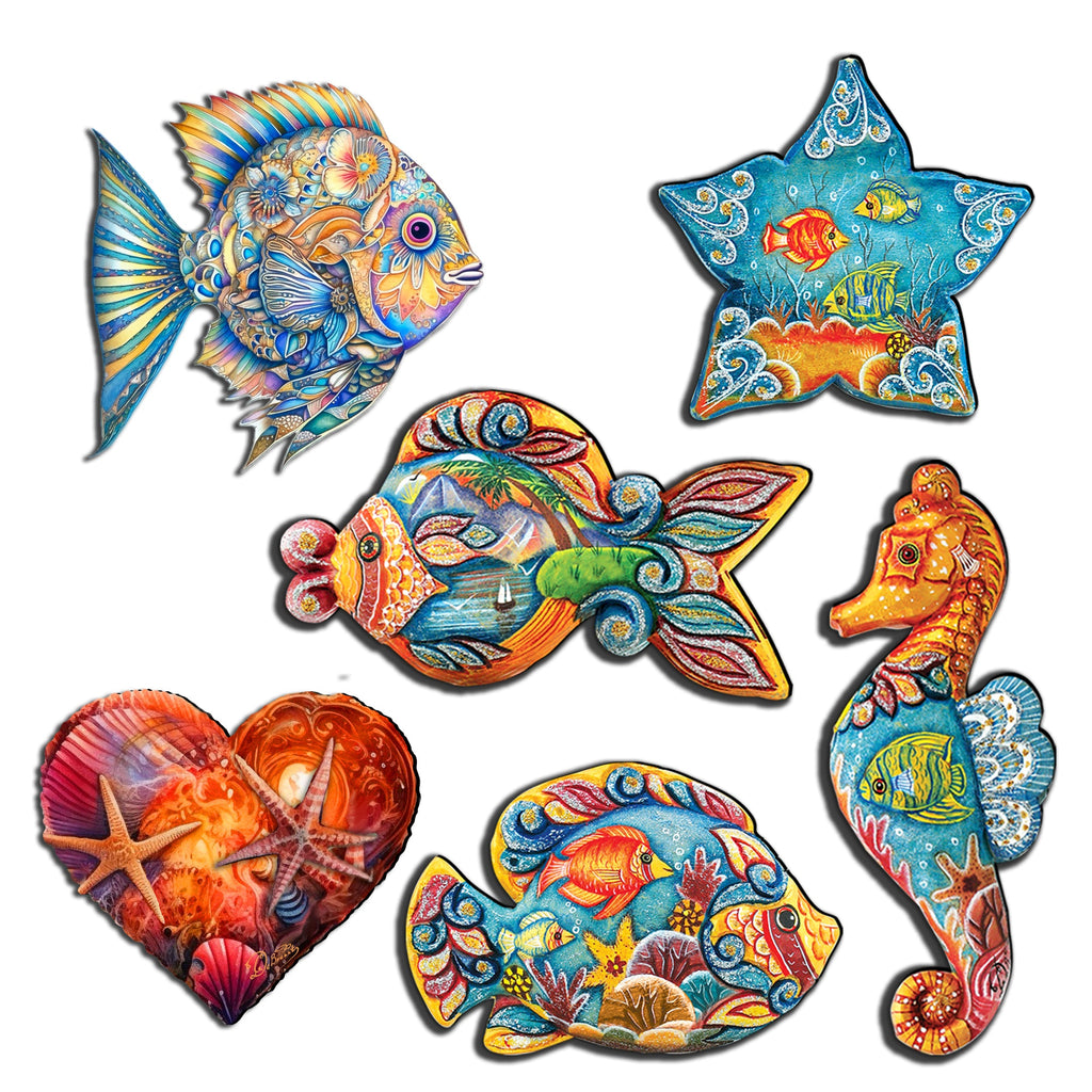 Ocean Treasures Decorative Eco Wood Magnets Set of 6 by G. Debrekht - Coastal Decor - 8090063G-S6