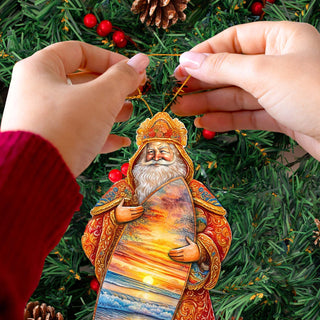 Santa's Tropical Surf Ride Wooden Ornaments by G. Debrekht - Christmas Santa Snowman Decor - 8691413