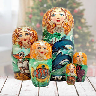 Dolphins Family Matreshka Nesting Hand-Painted Doll Set of 5 by G. DeBrekht - Coastal Holiday Decor - 140813