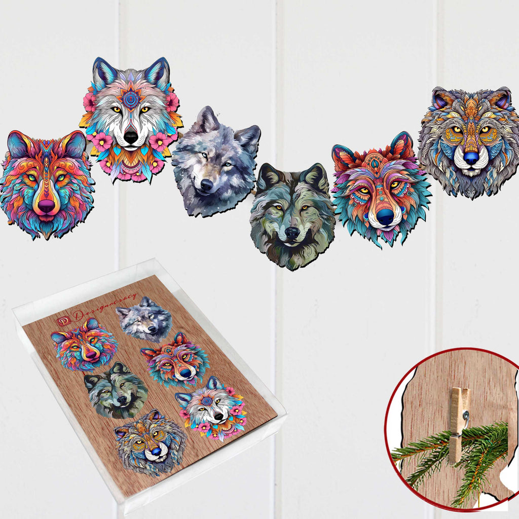 Enigmatic Wolves Clip-On Eco Wood Decorative Ornaments Set of 6 by G. Debrekht - Wildlife Decor - 8090113C-S6
