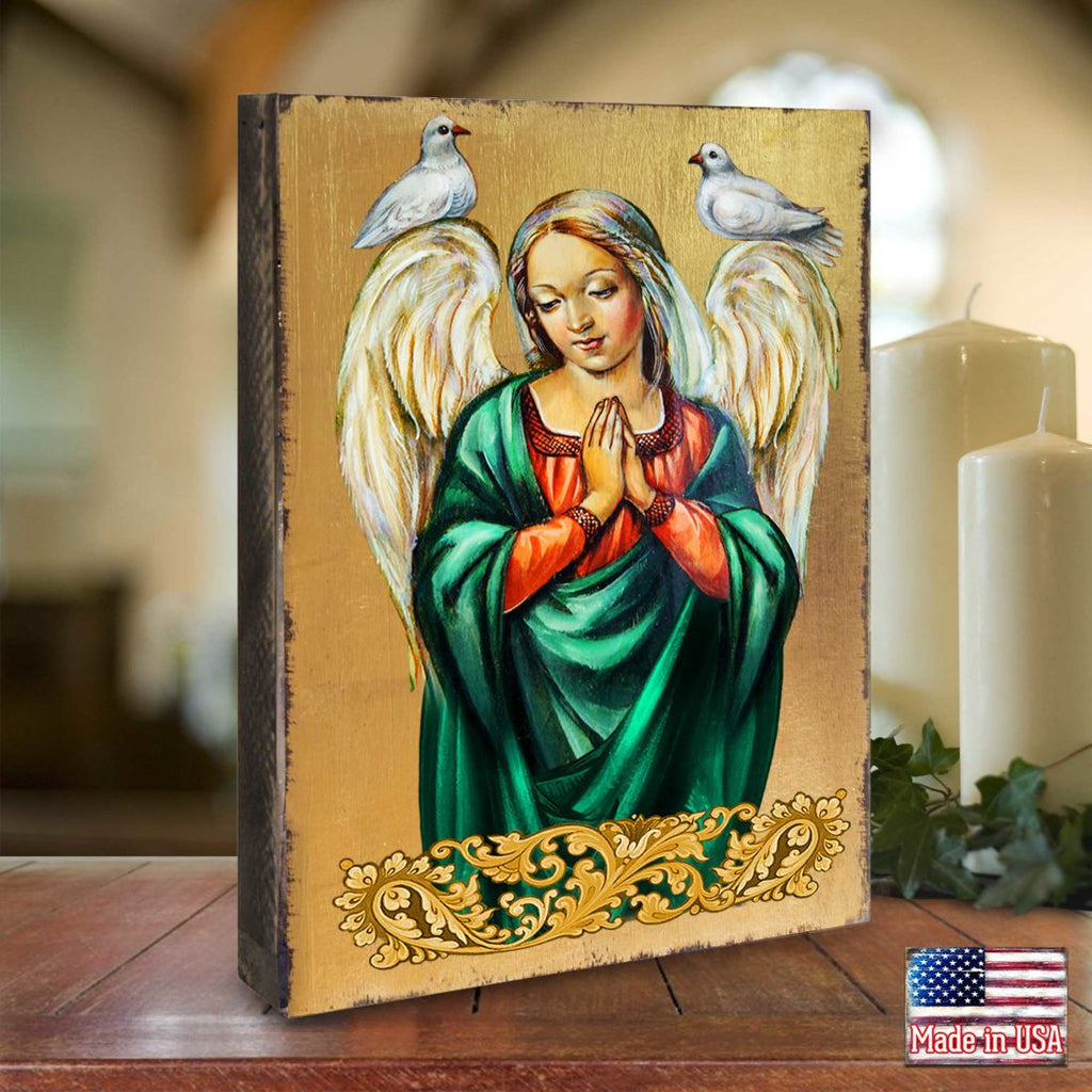 Praying Angel Wooden Gold Plated Religious Christian Sacred Icon - Inspirational Icon Decor - 85026