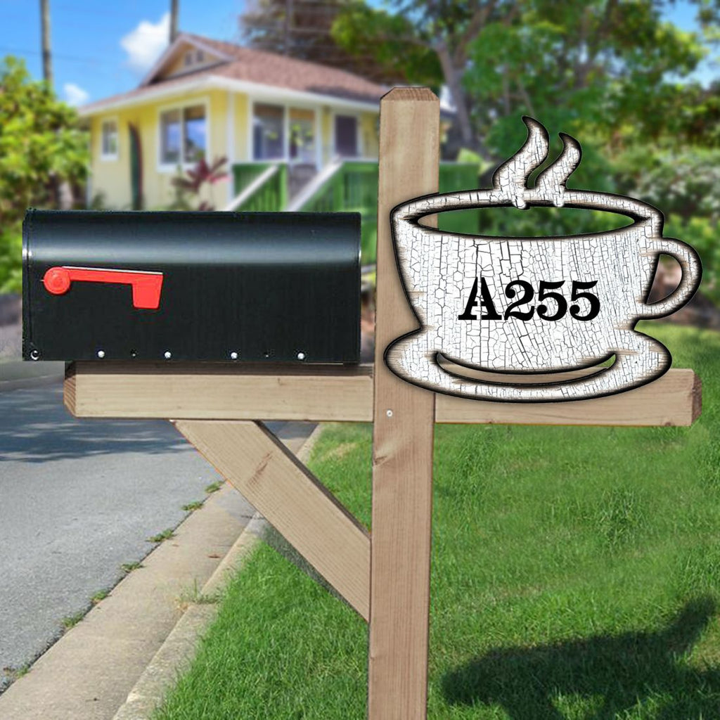 Tea Cup Wooden Custom House Number Sign by G. DeBrekht - Love Family Kids Decor - Handcrafted Wooden Handcrafted Wooden Handcrafted Wooden Address Sign - MA98438