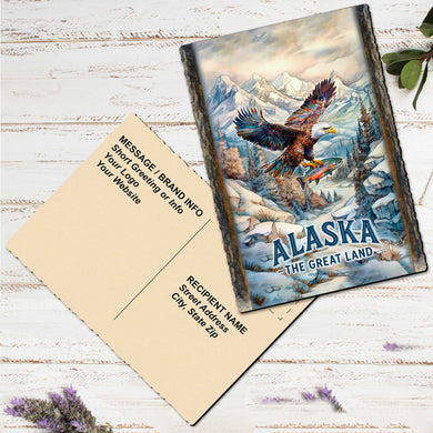 a postcard with a painting of an eagle in flight over a snowy landscape, along with the text