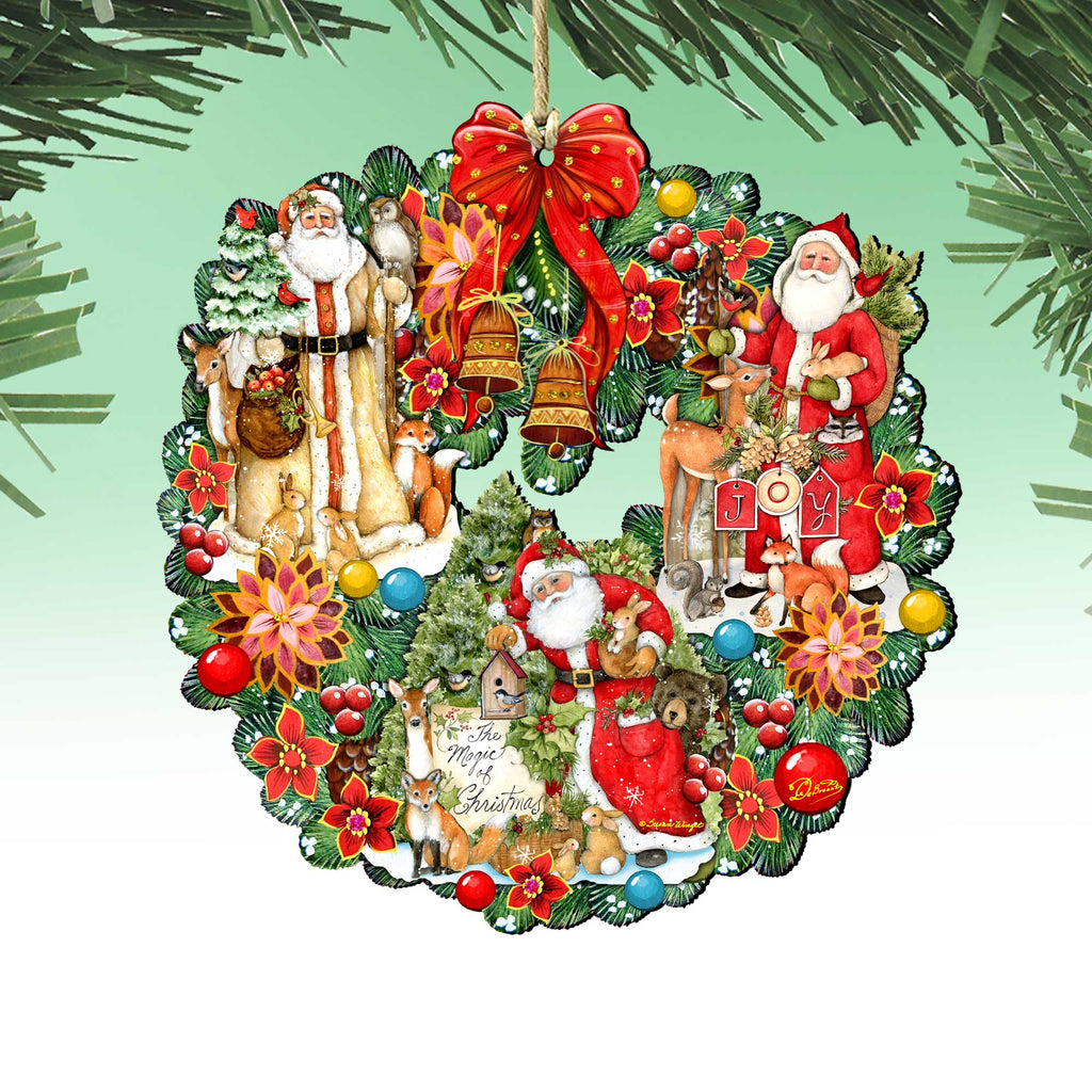 A wreath decorated with various Christmas-themed elements, including Santa Claus, reindeer, flowers, and other festive decorations.