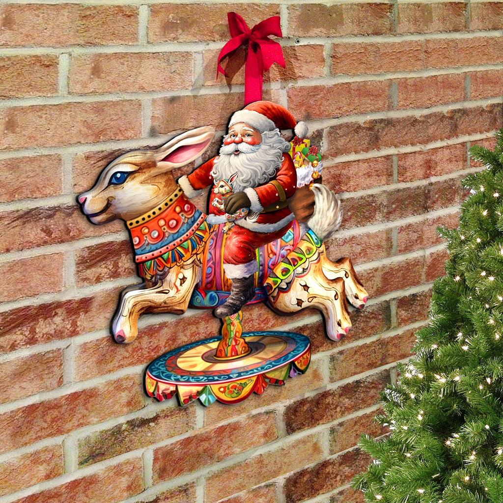 Santa Claus on Bunny Carousel Holiday Door Decor by G. Debrekht - Christmas Santa Snowman Decor - 8611067H