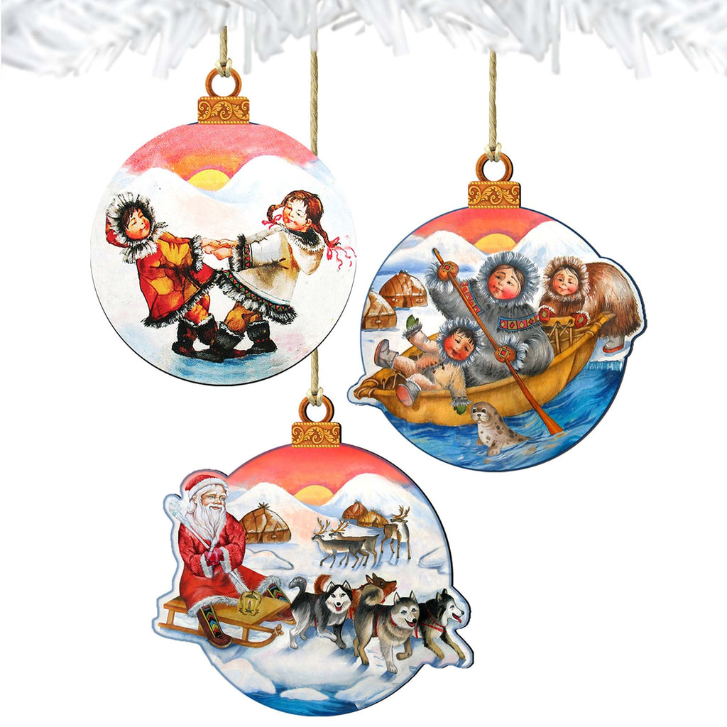 Arctic Adventure Wooden Ornaments Set of 3 by G. DeBrekht - Christmas Santa Snowman Decor - 8100012S3