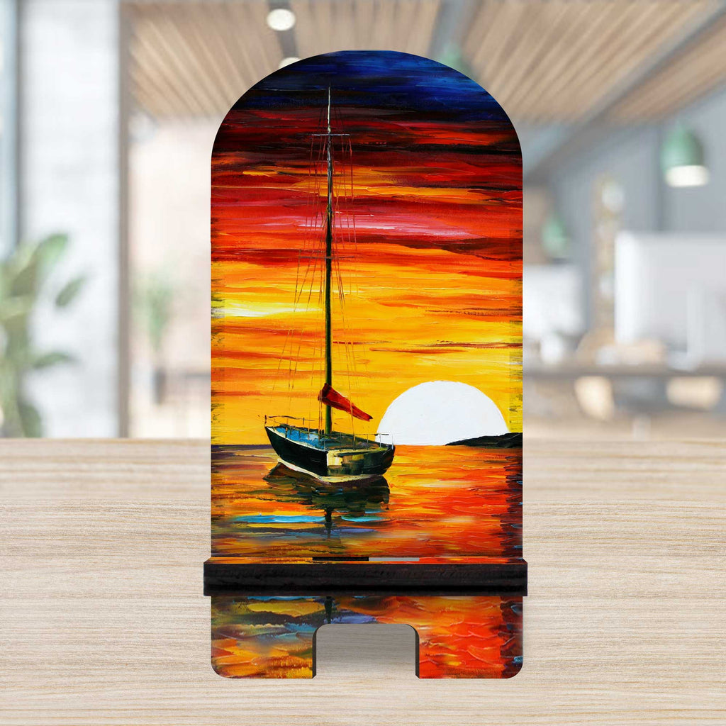 Sunset Sailboat Coastal Cell Phone Stand Wood Mobile Tablet Holder Charging Station Organizer - 892047