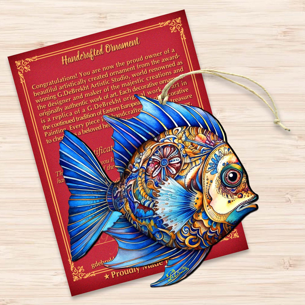 Coastal Christmas Ornaments - Aquamarine Aqua Fish Wooden Ornaments by G. Debrekht Coastal Holiday Decor - 8688306