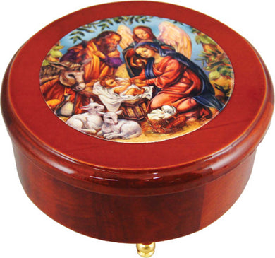 One-of-a-Kind Nativity Round Wooden Music Box 6.5x3