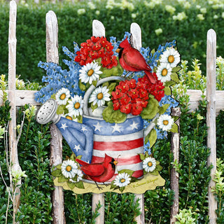 Patriotic Outdoor Garden Decor - American Watering Can Stakes - Front Yard Red and Blue Pot - Flowerpot Sign by Susan Winget - Handmade Gift - Rustic Adornment - 8471212M-SW