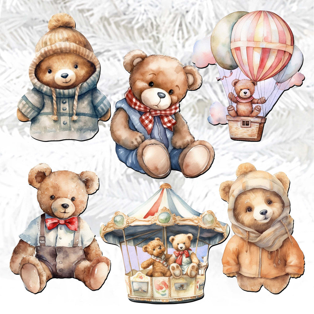 Teddy Bear Clip-On Eco Wood Decorative Ornaments Set of 6 by G. Debrekht - Christmas Decor - 8090025C-S6