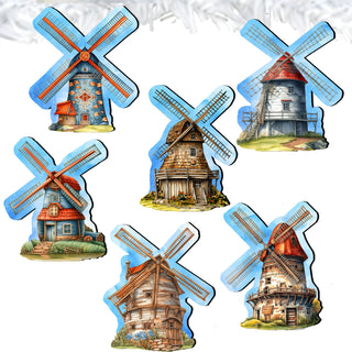 Windmills Clip-On Eco Wood Decorative Ornaments Set of 6 by G. Debrekht - Love Family Decor - 8090074C-S6