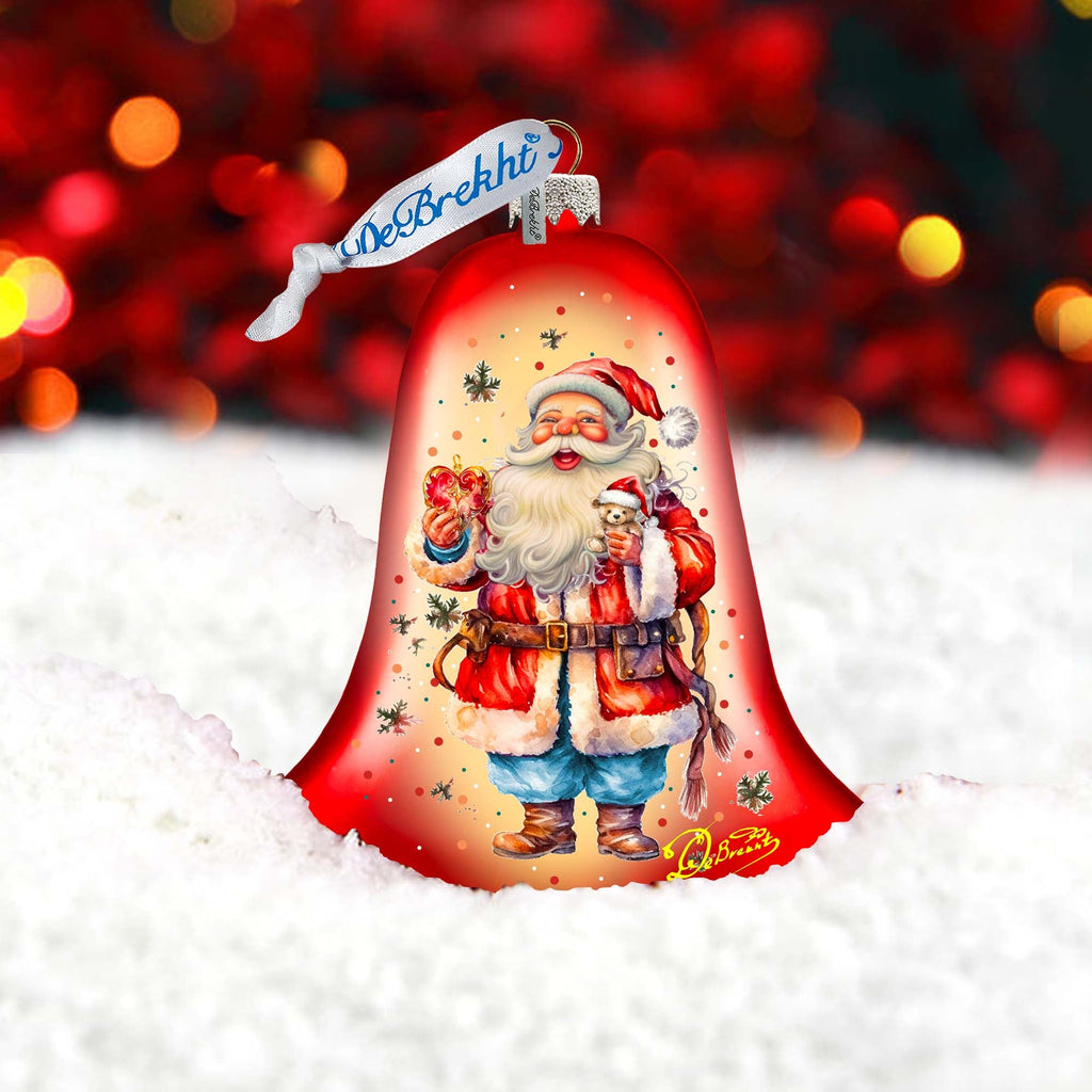 Santa Claus Spreading Christmas Happiness Bell Glass Ornament by G. Debrekht - Christmas Santa Snowman Decor - 752-042