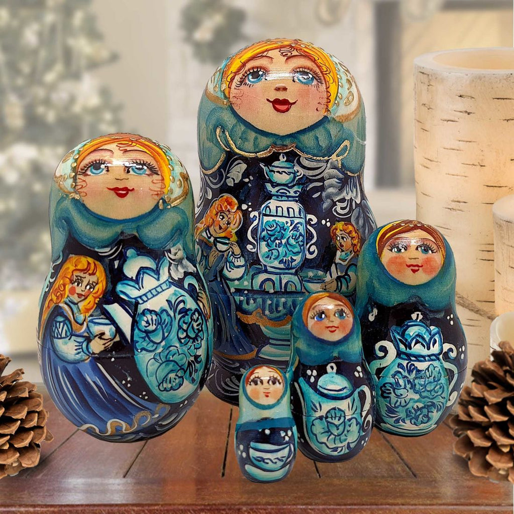 Blue Teapots Matreshka Nesting Hand-Painted Doll Set of 5 by G. DeBrekht - Christmas Decor - 120012