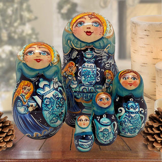Blue Teapots Matreshka Nesting Hand-Painted Doll Set of 5 by G. DeBrekht - Christmas Decor - 120012