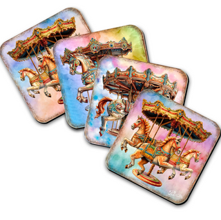 a collection of four colorful coaster-style images depicting carousel horses in various poses and positions.