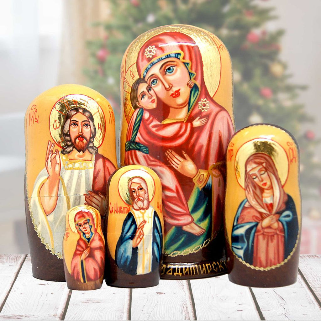 Golden Icon Matreshka Stacking Hand-Painted Dolls Set of 5 by G. DeBrekht - Nativity Holiday Decor - 130121