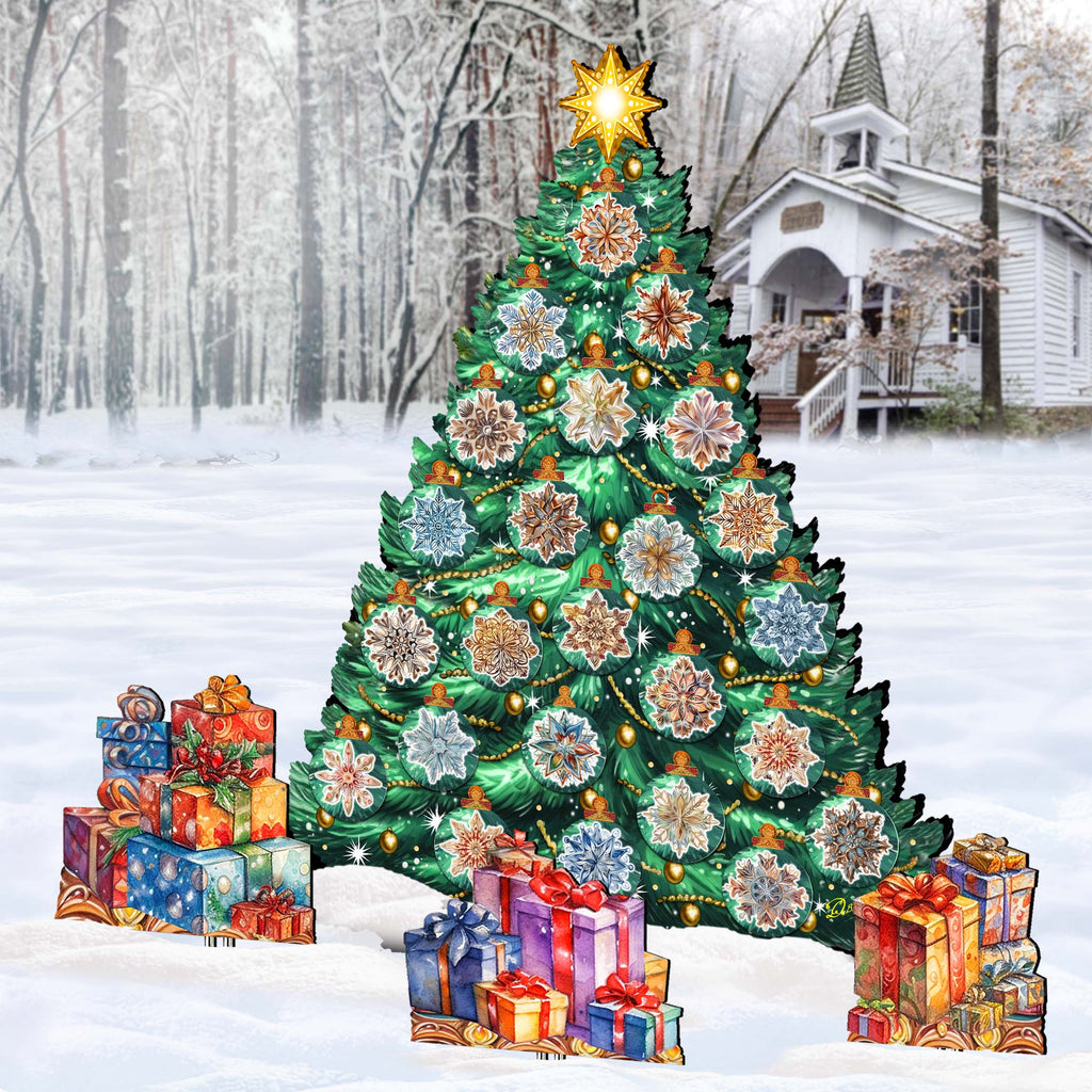 A large, brightly lit Christmas tree stands in a snowy landscape, surrounded by colorful presents and a white house in the background.