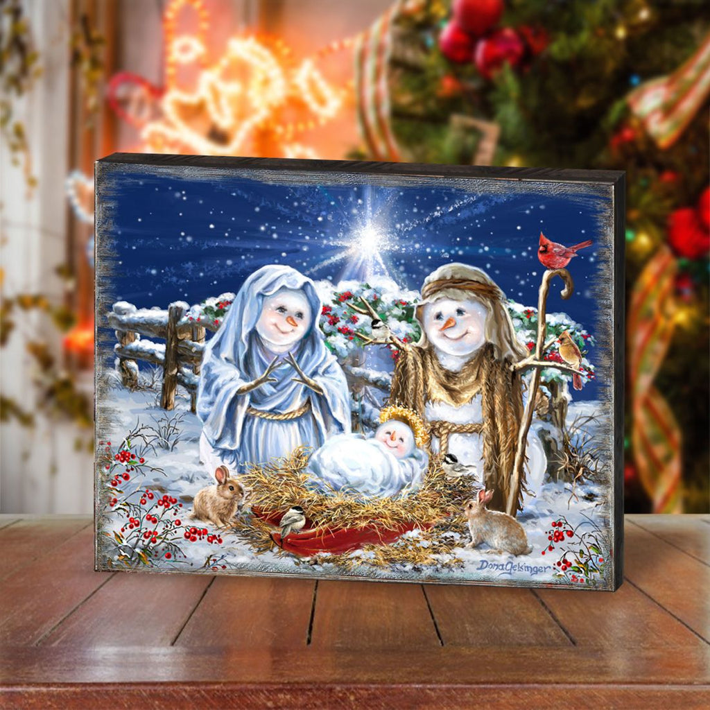 Snow Family Nativity Art Wooden Wall Art by D. Gelsinger - Christmas Santa Snowman Decor - 95675B-DG