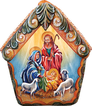 a nativity scene with a man, a woman, and a baby in a manger, surrounded by animals such as sheep and goats.
