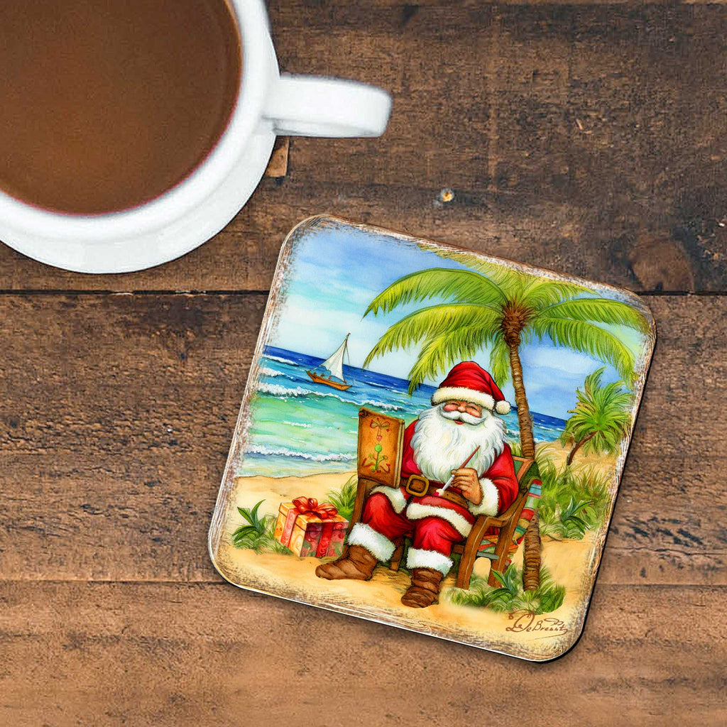 Santa on the Beach Wooden Cork Coasters Gift Set of 4 by G. Debrekht - Santa Christmas Decor - 8199441C-S4