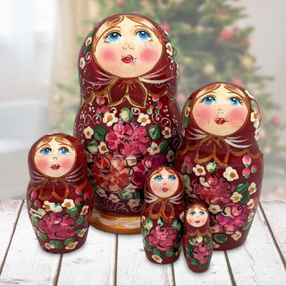 Dark Red Floral Matreshka Nesting Hand-Painted Dolls Set of 5 by G. DeBrekht - Christmas Decor - 140140-5