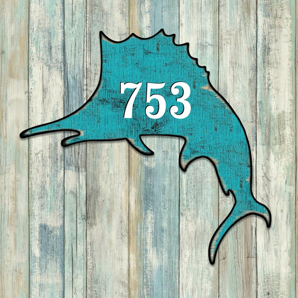Swordfish Coastal Personalized House Number Sign by G. Debrekht - Coastal Sea-Life Decor - Handcrafted Wooden Handcrafted Wooden Handcrafted Wooden Address Sign - MA985492