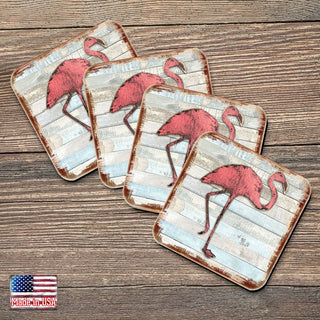 Flamingo Coastal Wooden Cork Coasters Gift Set of 4 by Nature Wonders - Coastal Sea-Life Decor - 8198544-9C-S4