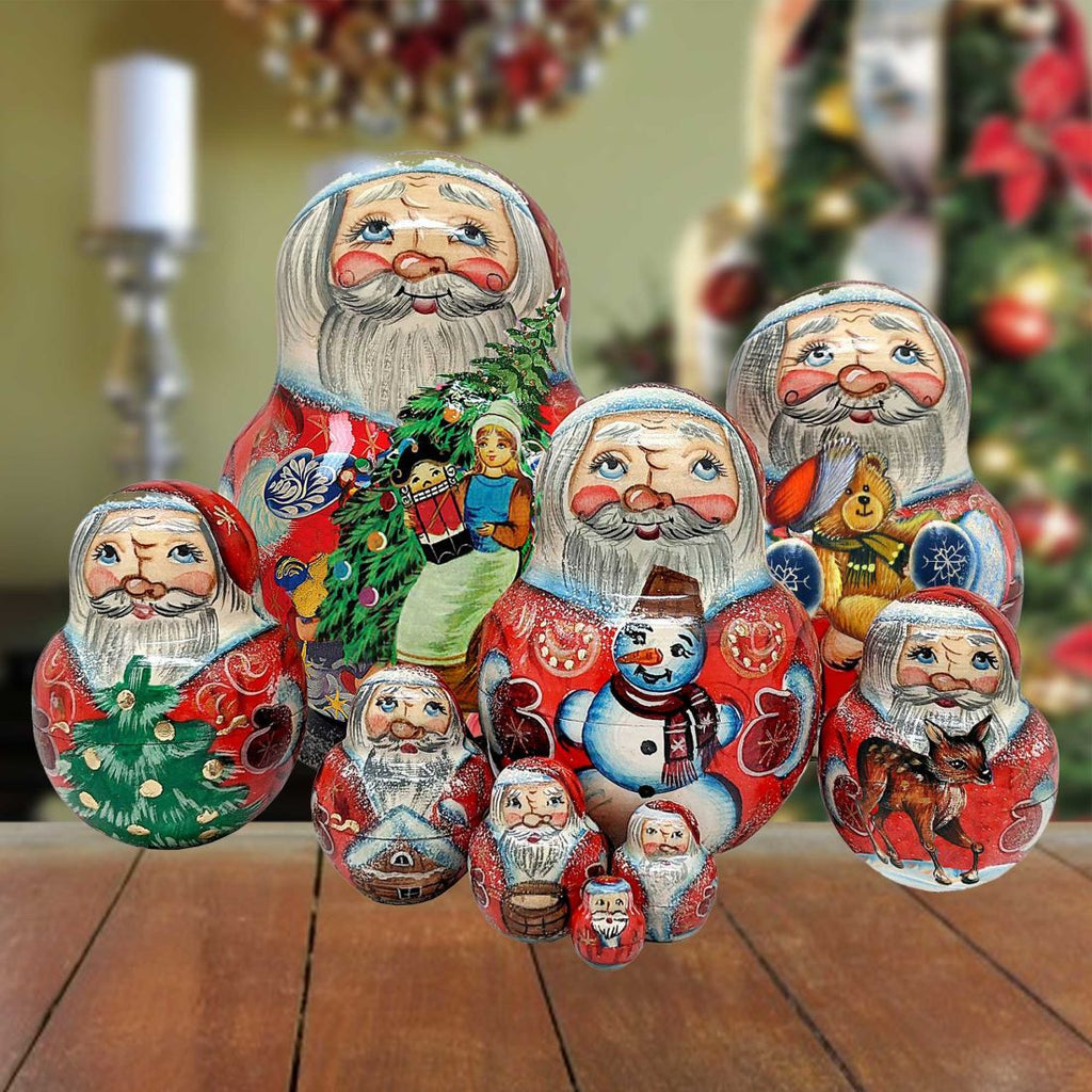 Santa Gifting Matreshka Nesting Hand-Painted Doll Set of 10 by G. DeBrekht - Christmas Santa Snowman Decor - 120025