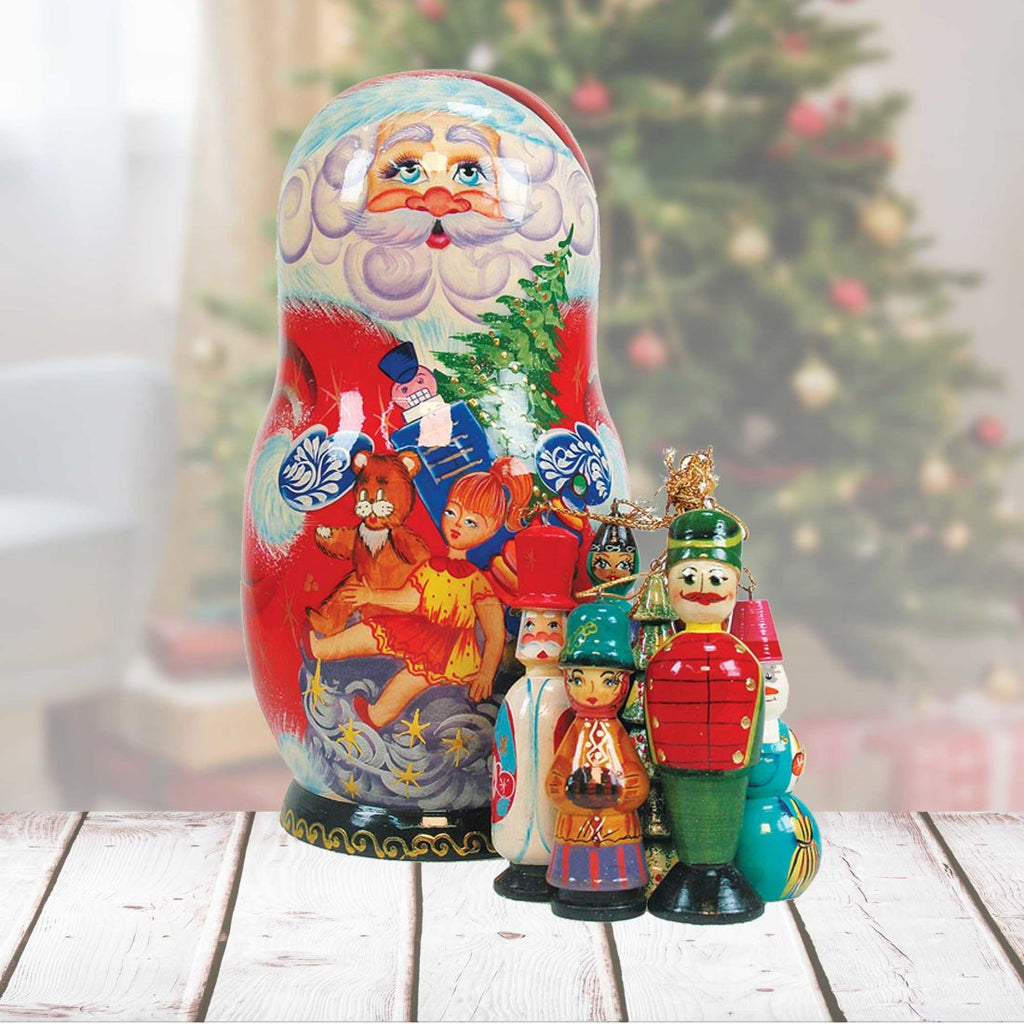 Gift Bag Toys Santa Hand-Painted Doll with Set of Wooden Ornaments by G. DeBrekht - Christmas Santa Snowman Decor - 110715