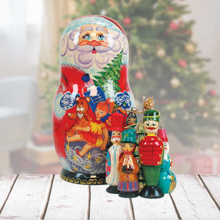 Gift Bag Toys Santa Hand-Painted Doll with Set of Wooden Ornaments by G. DeBrekht - Christmas Santa Snowman Decor - 110715