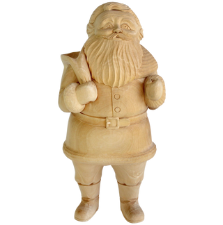 A wooden sculpture of a smiling, bearded figure holding a cane and wearing a hat.