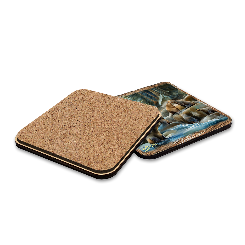 Sea Lion Cave Wooden Cork Placemat and Coasters Gift Set of 7 by Nature Wonders Coastal Nature Wildlife Decor - 85413C-S7