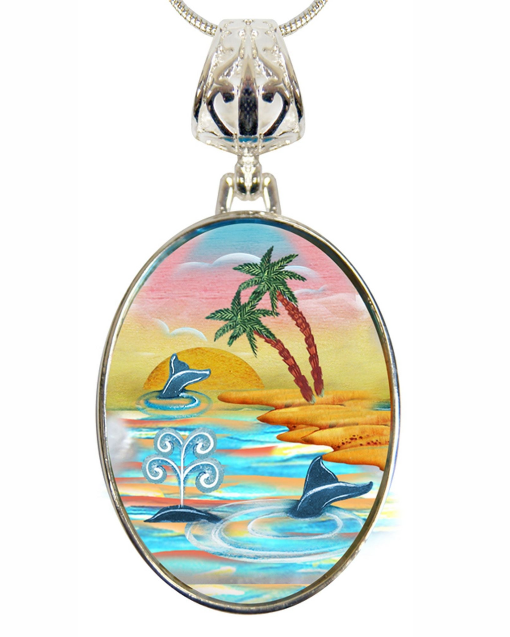 A pendant necklace with a circular design featuring a tropical beach scene with palm trees, a sunset, and two dolphins swimming in the water.