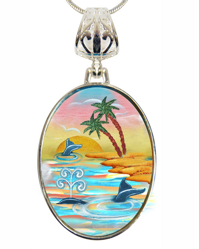 A pendant necklace with a circular design featuring a tropical beach scene with palm trees, a sunset, and two dolphins swimming in the water.