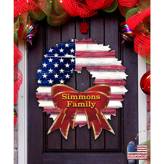 USA Flag Wreath Family Name Personalazed Holiday Door Decor by G. DeBrekht - American Christmas Decor - 8185302HP