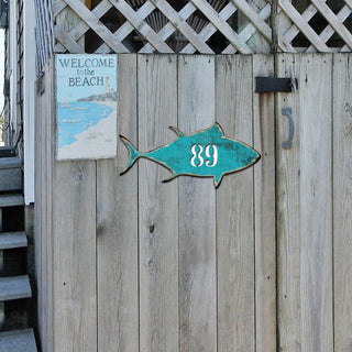 Tuna Fish Coastal Personalized House Number Sign by G. Debrekht - Coastal Sea-Life Decor - Handcrafted Wooden Handcrafted Wooden Handcrafted Wooden Address Sign - MA98548