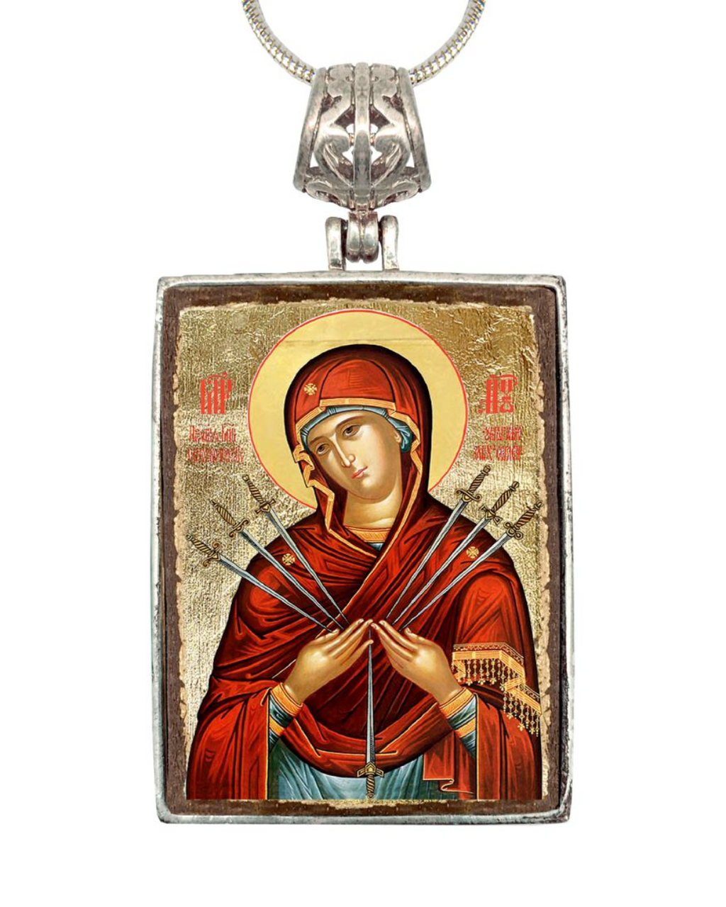 a religious icon of a woman wearing a red robe and holding a cross, with a halo above her head.