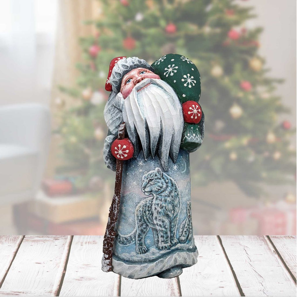 Santa and the Snow Leopard Santa Hand-Painted WOODCARVED Figurine by G. DeBrekht - Wildlife Holiday Decor - 821508-2