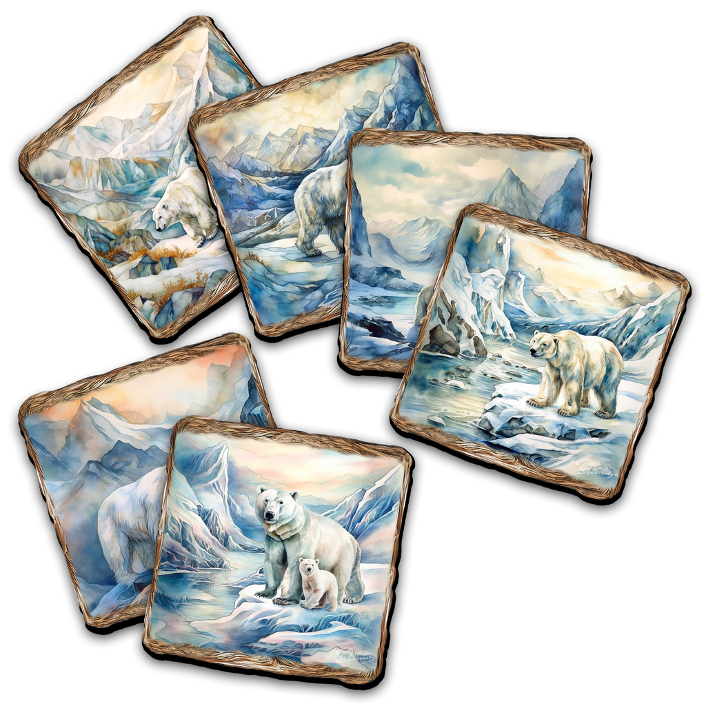 Polar Bear Wooden Cork Placemat and Coasters Gift Set of 7 by Nature Wonders Nature Wildlife Decor - 85404C-S7