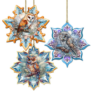 Owls Snowflake Eco Wood Ornaments Set of 3 by G. Debrekht - Nature Wildlife Decor - 8090152-S3