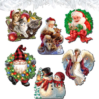 Santa and Friends Clip-On Eco Wood Decorative Ornaments Set of 6 by D. Gelsinger - Christmas Decor - 8090134C-S6
