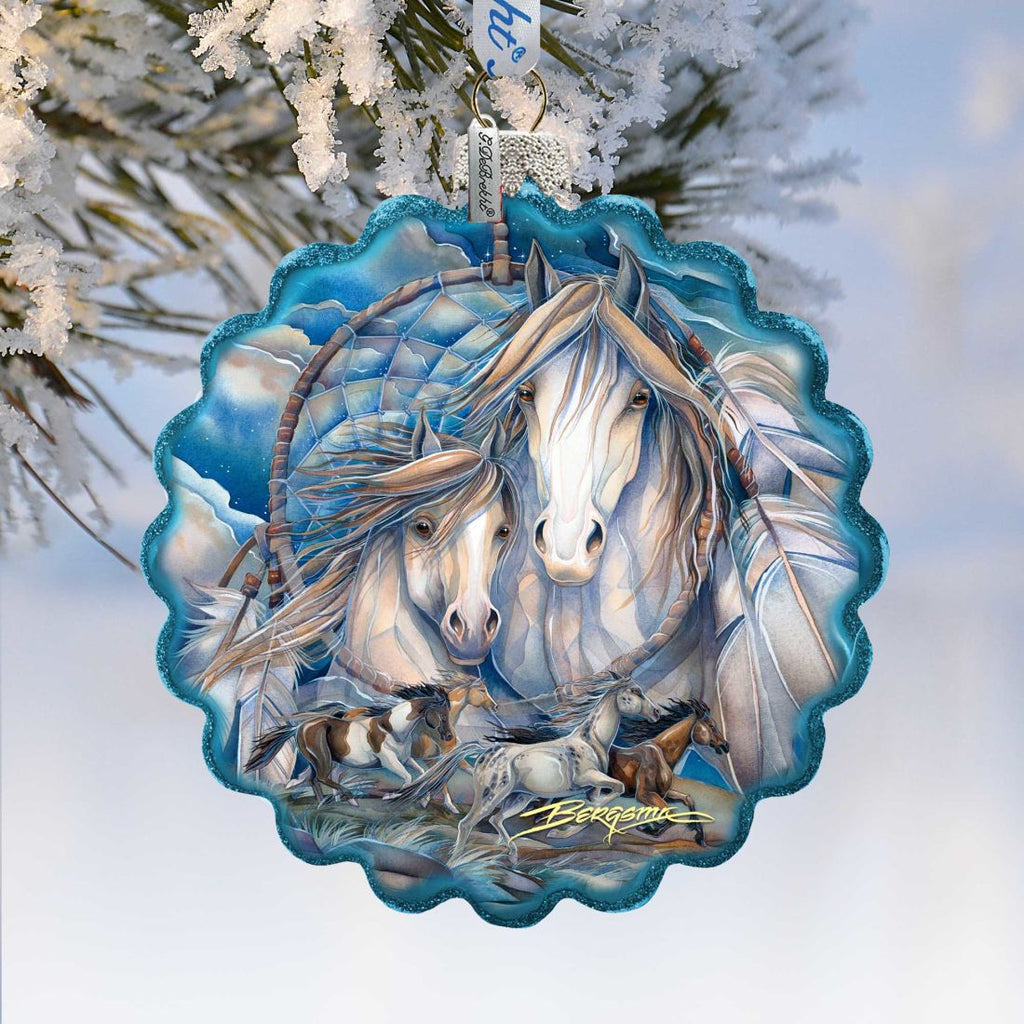 Mustangs Dream Catcher Journey Wreath Glass Ornament by J. Bergsma - Wildlife Holiday Decor - 759-637-JB