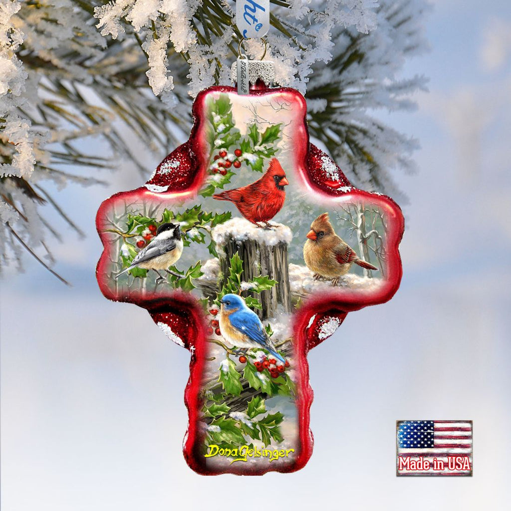 Winter Cardinals Cross Glass Ornament by D. Gelsinger - Nativity Holiday Decor - 758-010-DG