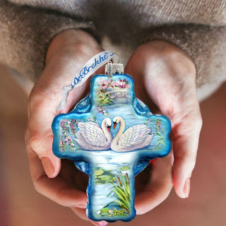 Love of Swans Cross Glass Ornament by G. DeBrekht - Nativity Holiday Decor - 758-012