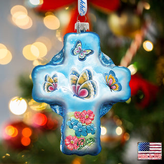 Blue Butterflies Cross Glass Ornament by G. DeBrekht - Nativity Holiday Decor - 758-003