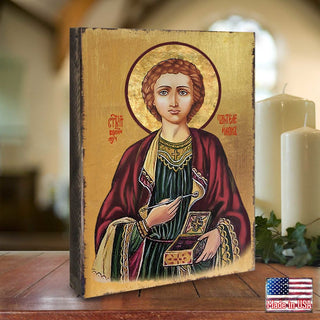 Saint Panteleimon Wooden Gold Plated Religious Orthodox Sacred Icon - Inspirational Icon Decor - 85023