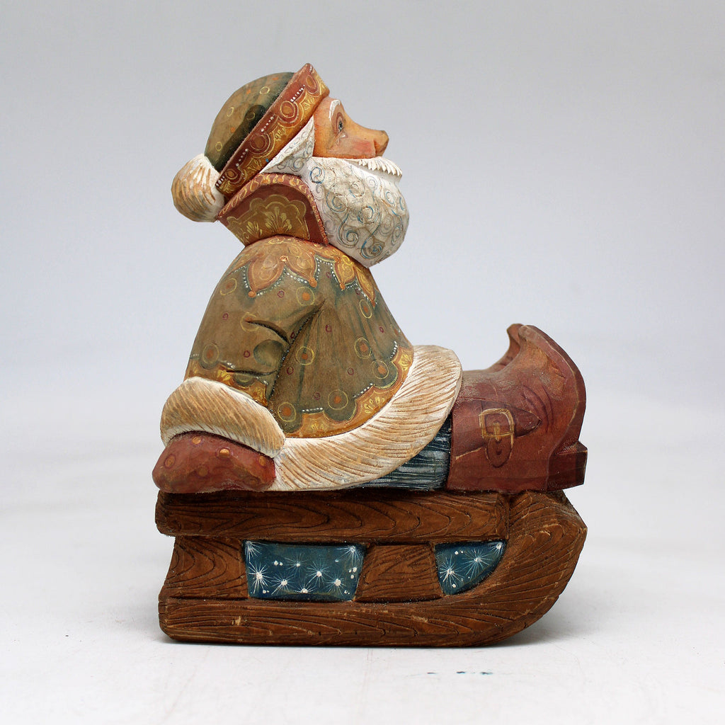 One-of-a-Kind Santa on Sleigh WOODCARVED Figurine 5.5x4x3