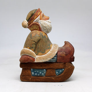 One-of-a-Kind Santa on Sleigh WOODCARVED Figurine 5.5x4x3